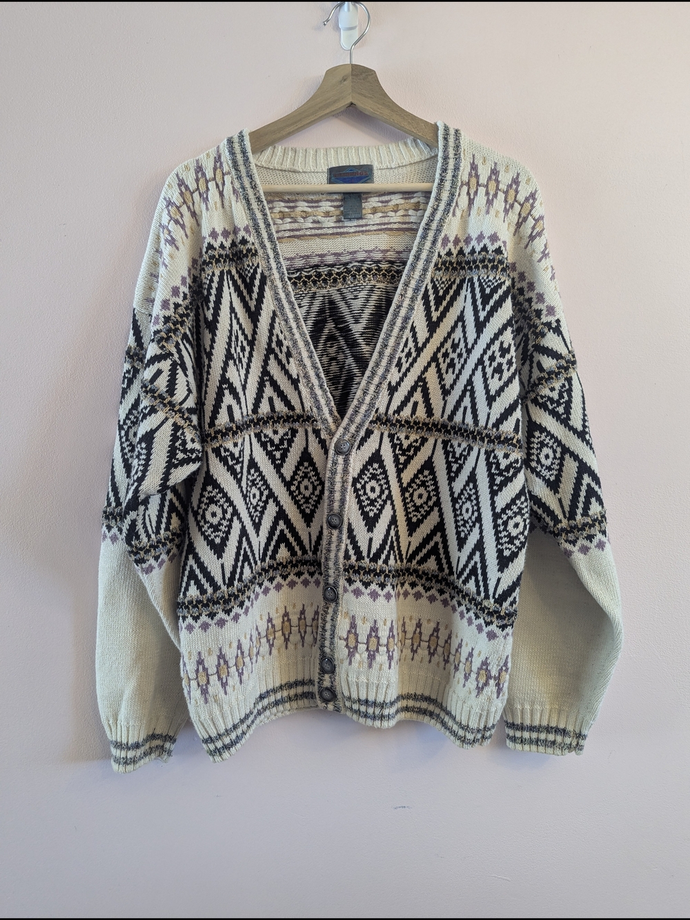 Oversized Aztec Knit Cardigan in Cream, Black & Lavender